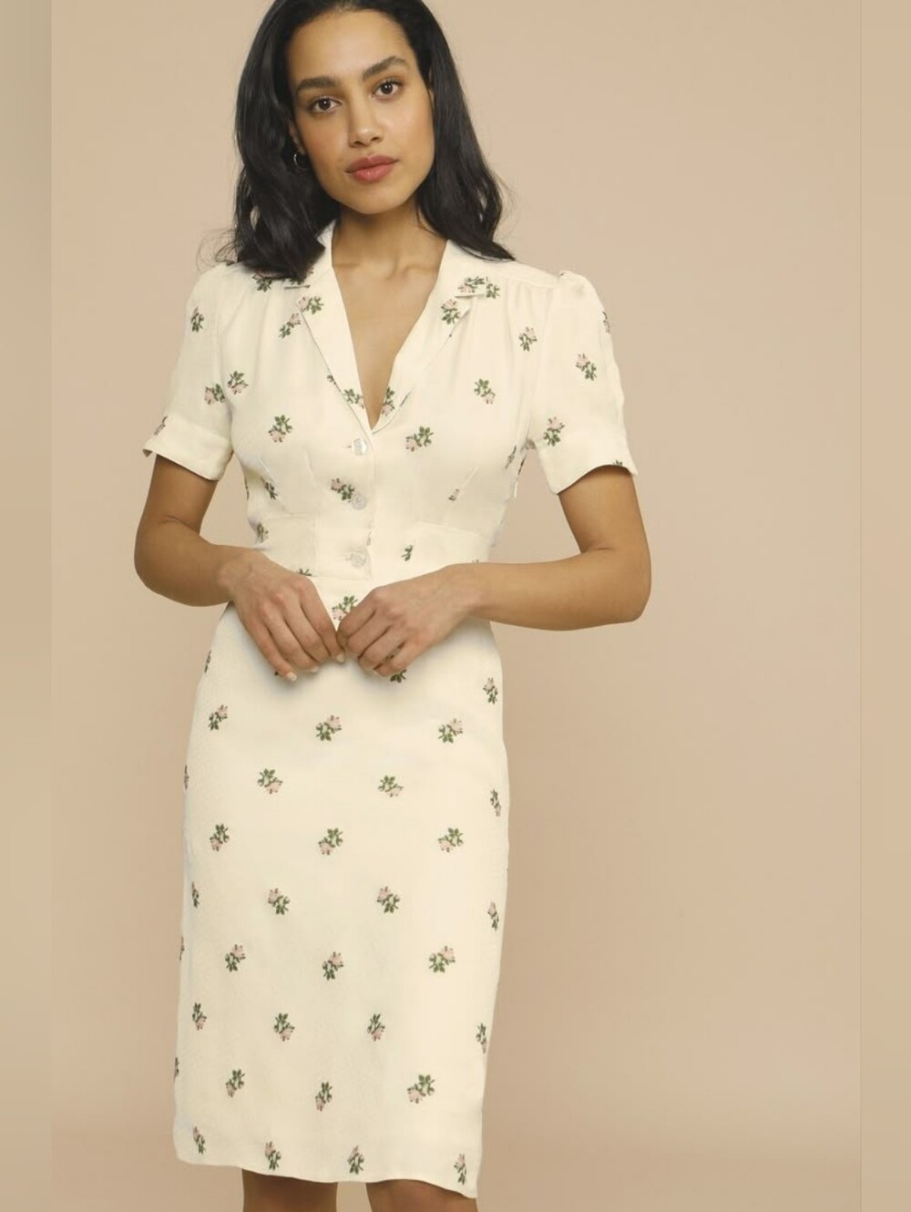 Rouje Anais Floral Midi Wrap Dress Sz 36 (US 4) White Embroidered Flowers Demure